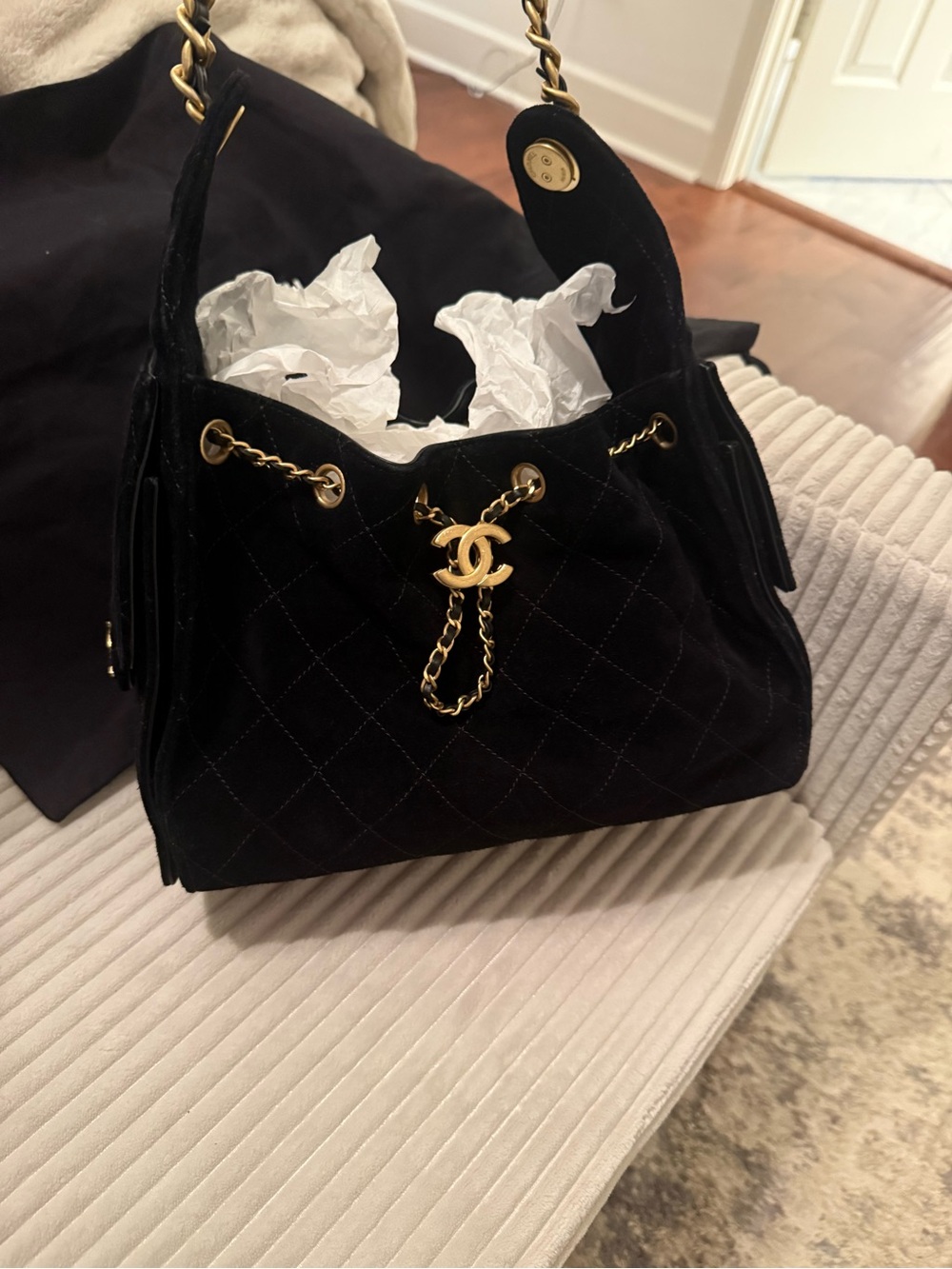 Chanel Black small 25 Quilted Suede Drawstring Shoulder Bag with Gold Chain